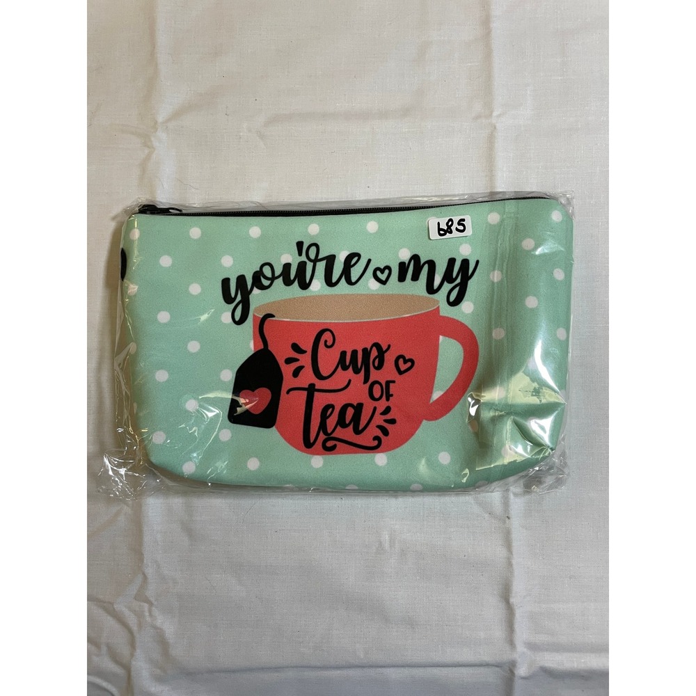The Pouch Cosmetic Bag Mint Green NWT Tea Graphic Polka Dot Zipper
